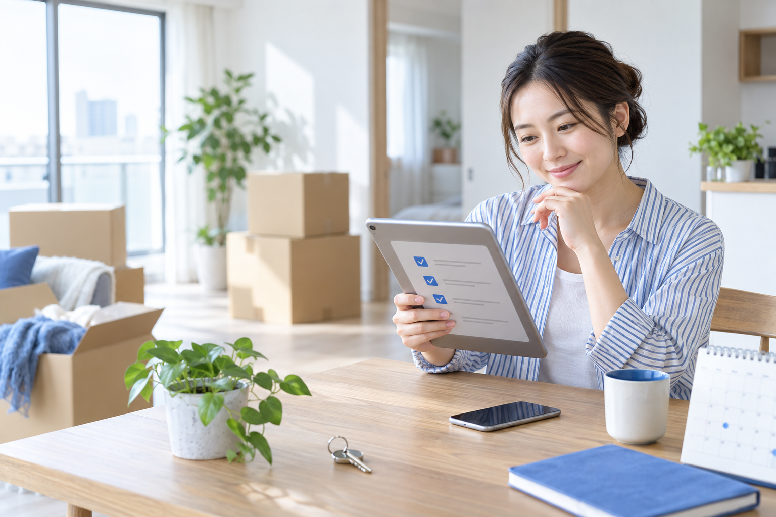 新居でタブレットの引越しチェックリストを確認する様子